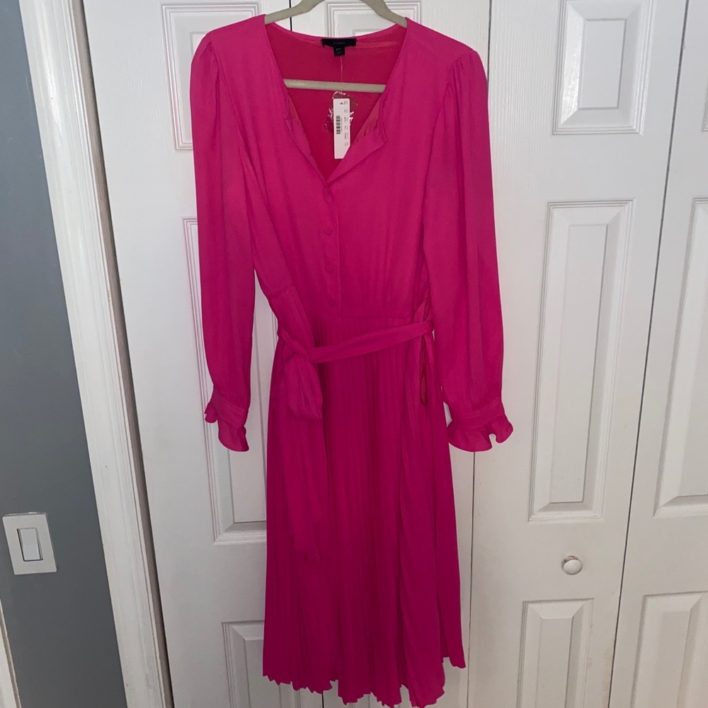 NWT J CREW hot pink long sleeve tall Pleated Dress - Picture 2 of 6